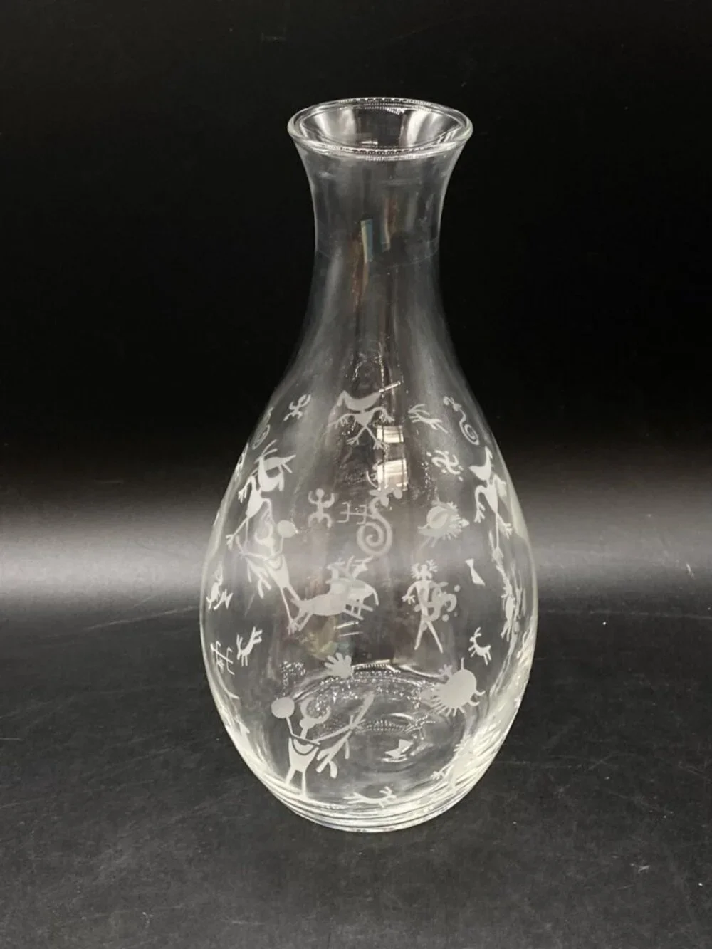 Etched Petroglyph Cave Drawings Clear 9” Tall Wine Carafe